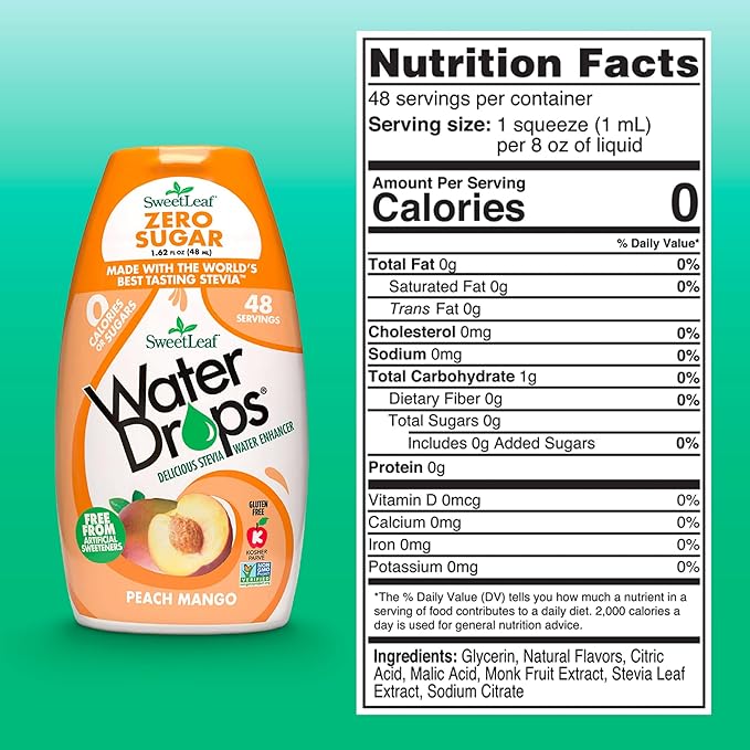 SweetLeaf Water Drops, Peach Mango – Sugar-Free Water Enhancer Drops, Stevia & Monk Fruit Sweetener Water Flavoring, 1.62 Oz (Pack of 6)