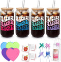 Teacher Appreciation Gifts - 4Pack End of Year Teacher Gifts for Women Men, 18oz Teachers Glass Cup with Bamboo Lid and Straw Glass Coffee Cups Unique Thank You Teachers Tumbler Mug Gift from Students