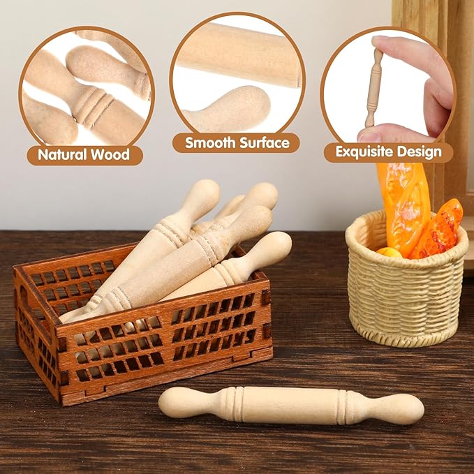 Toyvian 30 Pcs Mini Rolling Pin: Wooden Rolling Pin for Craft, Small Dough Roller, Miniature Pastry Roller Models for Kids Birthday Cake Decoratins, Dollhouse Kichen Accessories (1.97 Inch)