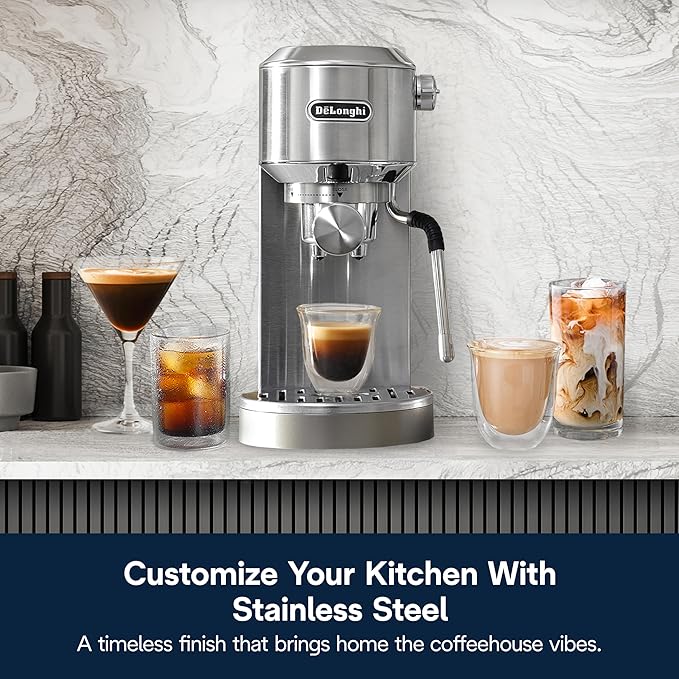De'Longhi Dedica Duo Compact Espresso Machine - Cold Brew Coffee Maker with Milk Frother Wand- for Espresso, Hot & Iced Coffee, Cappuccinos, Lattes & Home Barista Brewing, Stainless Steel
