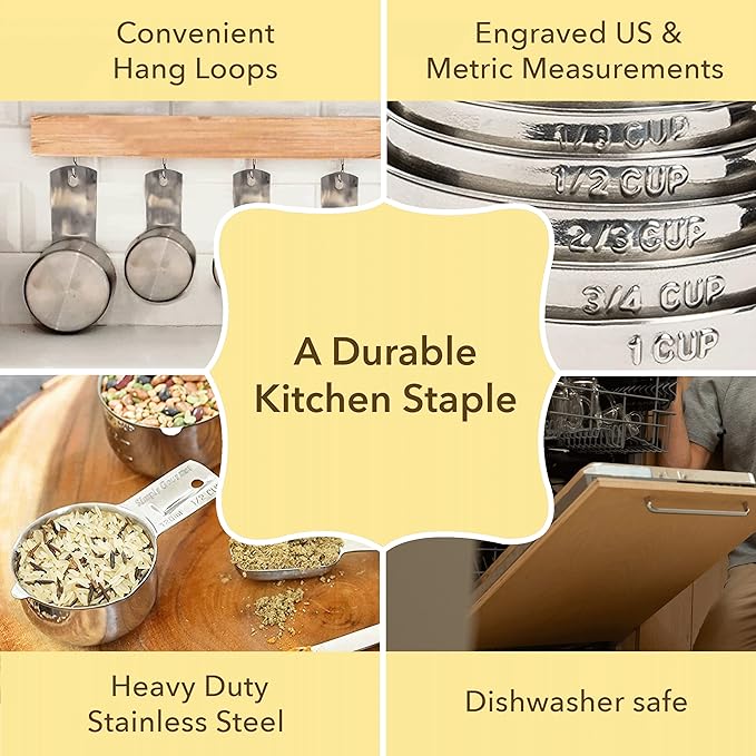 Simply Gourmet Measuring Cups and Spoons Set of 12 – 18/8 Stainless Steel Kitchen Gadgets – Stackable Design with Long Handle Spoons – Fits in Jars – Cooking & Baking Measuring Set for Dry & Liquid