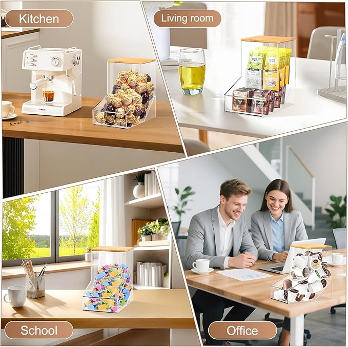 TCJJ Coffee pod organizer with bamboo lid, transparent k cup holder, 170 cubic inches capacity, can be placed on a tabletop or mounted on a wall, compatible with Nestlé coffee pod.