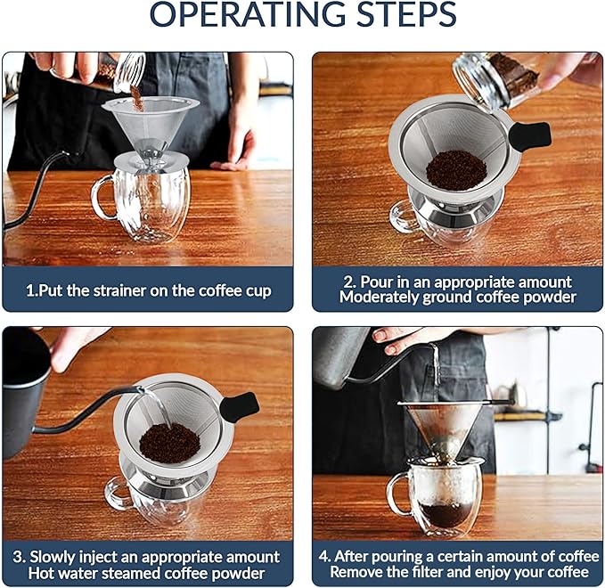 Pour Over Coffee Dripper-Stainless Steel Coffee Filter,Reusable Drip Cone Coffee Filter Portable Pour for 1-4 Cup (With Base, L)