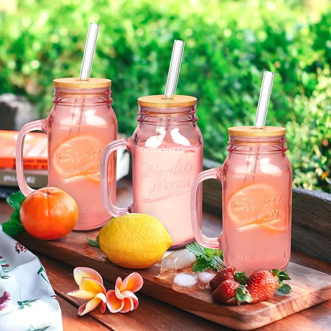ANOITON Tumbler with Handle and Straw, 24 oz Pink Mason Jars with Handles Drinking Glasses Pink Glassware Colored Glass Cups with Lids and Straws Gifts for Women Birthday Gifts for Women