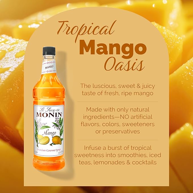Monin - Mango Syrup, Tropical and Sweet, Great for Cocktails, Sodas, and Lemonades, Gluten-Free, Non-GMO (1 Liter)
