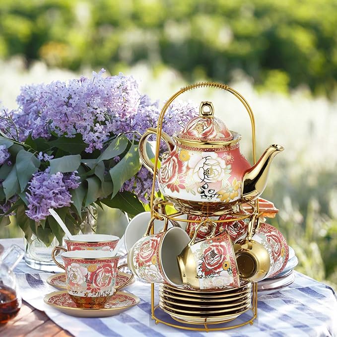 Zhehao 20 Pcs Porcelain Tea Set with Metal Holder and Spoon Adult Ceramic Tea Party Set European Flower Painting Teapot Cup Saucer Spoon Set for Women, Large Version(Noble Style)
