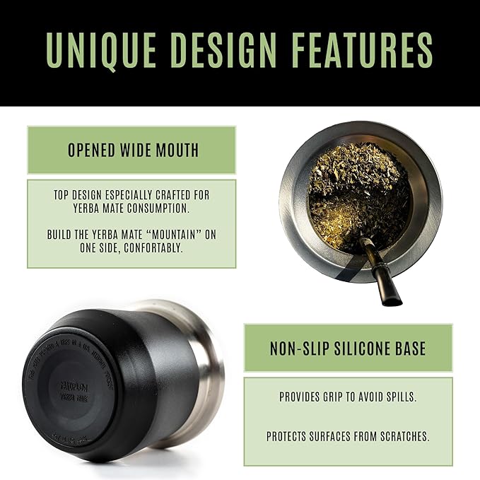 MADFLOW Yerba Mate Cup. Stainless Steel Mate Cup with 2 Bombillas. Double Wall Vacuum Insulated Yerba Mate Gourd. Unique Mate Cup And Bombilla Set