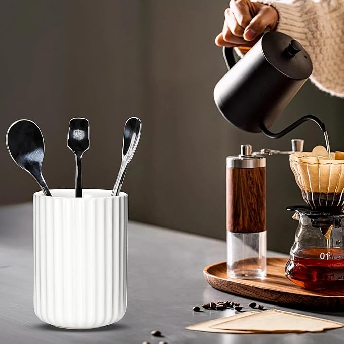 Ceramic Spoon Holder for Coffee Bar, Upright Tea Spoon Holder Cup, Coffee Stirrers Straws Stir Stick Holder, Cement Grey Fluted Surface