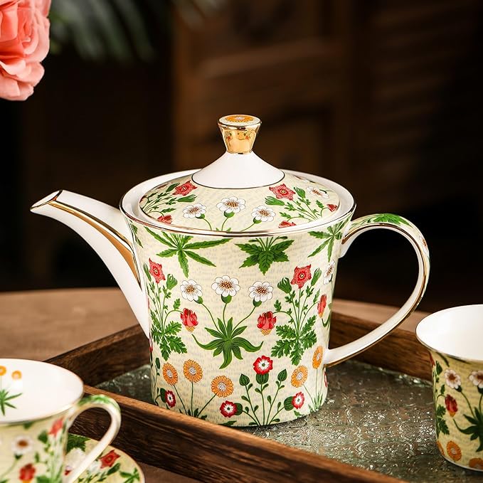 ACMLIFE Tea Set for Adults- Fine China Tea Set for 6, 21-Piece Vintage Coffee Set English Porcelain Tea Pot Sets for Adult Tea Party for Women Gift (Yellow ZF, Extra Large 21)