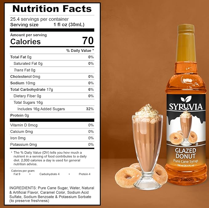 Syruvia Glazed Donut Coffee Syrup - 25.4 fl oz - Kosher Coffee Syrups, Gluten Free, No Coloring, Perfect for Drinks, Soda, Shakes, Desserts, and More.