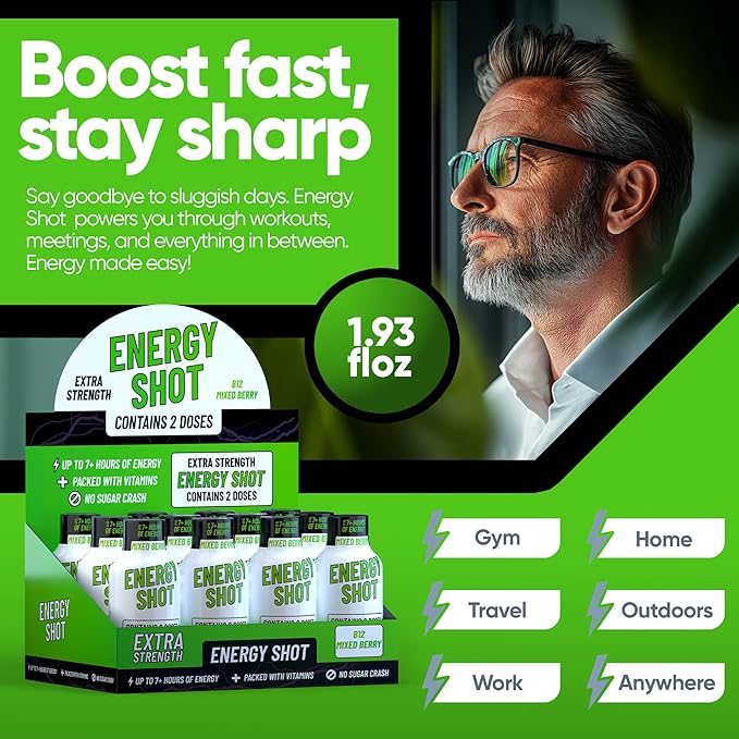B12 Mixed Berry Extra Strength Energy Shot 24 pk – 260mg Natural Caffeine B12 B6 – Energy & Vitality Support – 2 Servings Sugar Free Zero Calorie Green Tea B-Vitamins Electrolytes Vegan – 1.93 fl oz