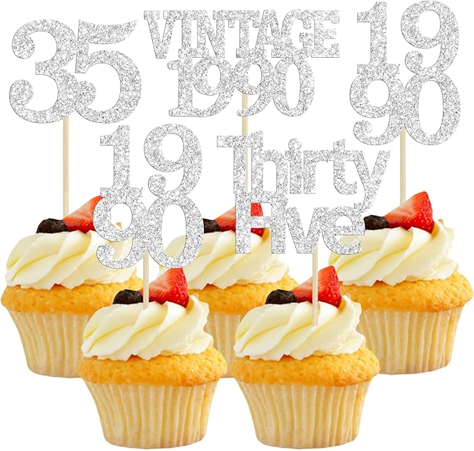 Gyufise 24Pcs Happy 35th Birthday Cupcake Toppers Glitter Thirty Five 35 Fabulous Vintage 1990 Cupcake Picks for 30th Birthday Wedding Anniversary Party Cake Decorations Supplies Rose Gold