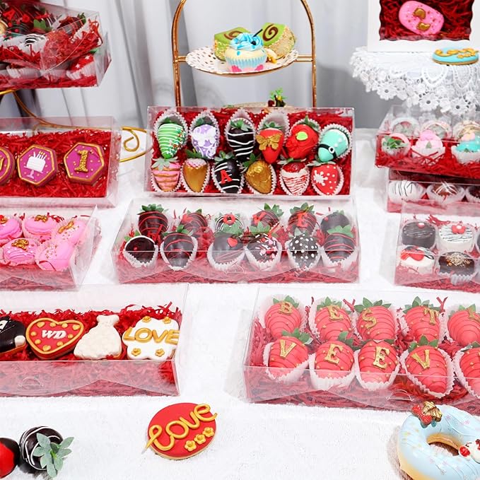 24PCS 12x5x2 Inches Clear Treat Boxes for Chocolate Covered Strawberries, Cocoa Bombs, Donuts, Muffins, Pastries, Bakery, Cookie, Macaron, Gift Boxes for Party Favors