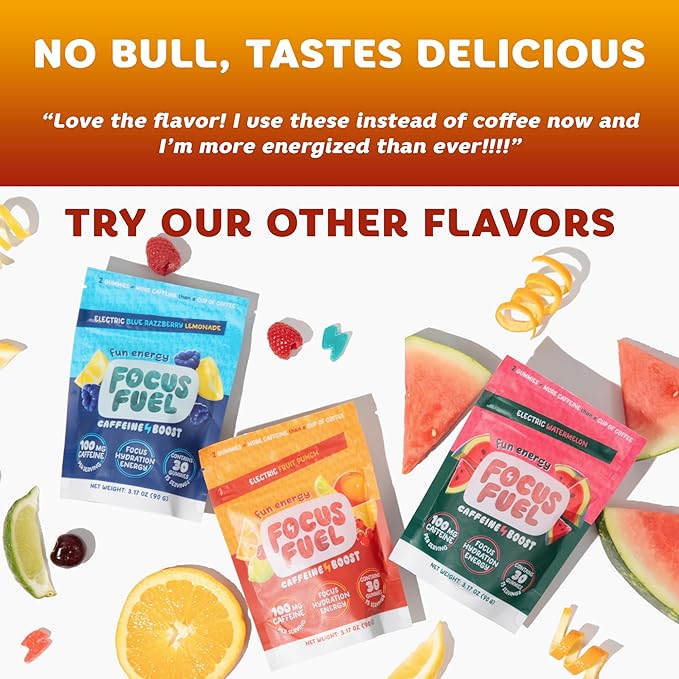 FocusFuel Energy Chews – Fruit Punch Flavor (15 Servings) – 100mg Caffeine + L-Theanine + B12, Magnesium – Boost Focus & Energy – No Crash or Jitters