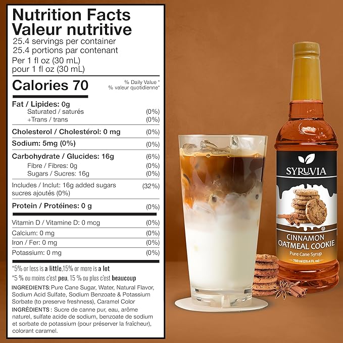 Syruvia Cinnamon Oatmeal Cookie Syrup - 25.4 fl oz. Kosher and Gluten-Free. Ideal for Enhancing Drinks, Sodas, Shakes, Desserts, and More.