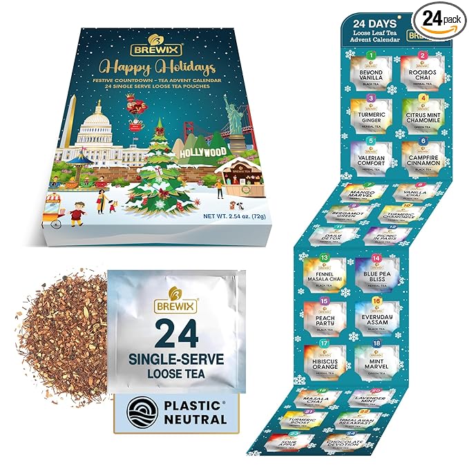 BREWIX, Tea Advent Calendar 2025 | 24 Delightful Black & Green Loose Leaf Teas - Holiday Gift Box | Christmas Advent Calendar 2025 for Adults | Gift Idea for Tea Lovers, Christmas Countdown Set | Holiday Variety Sampler for Tea Lovers