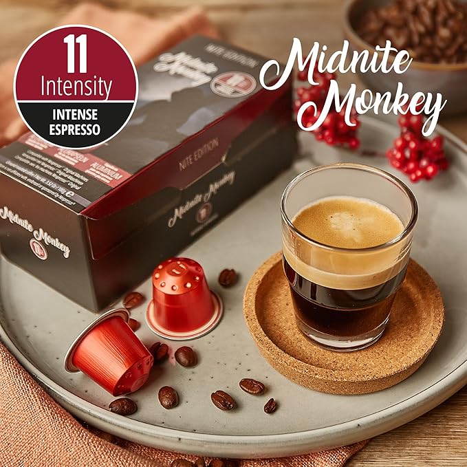 Midnite Monkey 20ct Intense Espresso I Compatible With Nespresso Original Machines I Dark Roast I Coffee Pods I High Intensity 11 I 100% Arabica