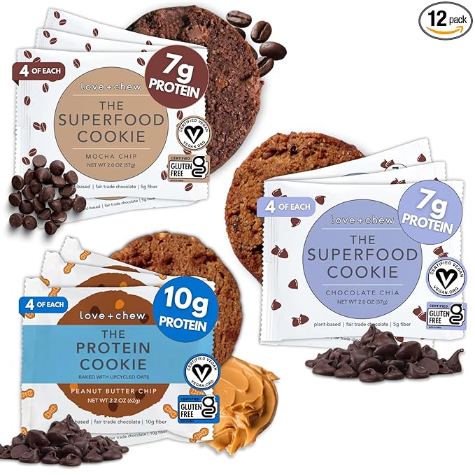 Love + Chew Superfood Soft Baked Cookies, Chocolate Lover Variety, Plant Based Cookie Made With Almonds and Dark Chocolate for Kids and Adults, Vegan Snacks, Gluten Free, Paleo, Non GMO, 12 Pack