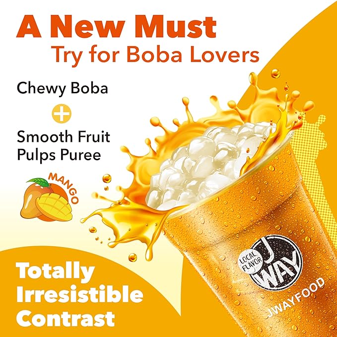 J WAY Instant Boba Bubble Pearl Mango Juice Drinks Kit with Authentic Crystal Tapioca Boba, Ready in Under One Minute, Paper Straws Included, 3 Servings