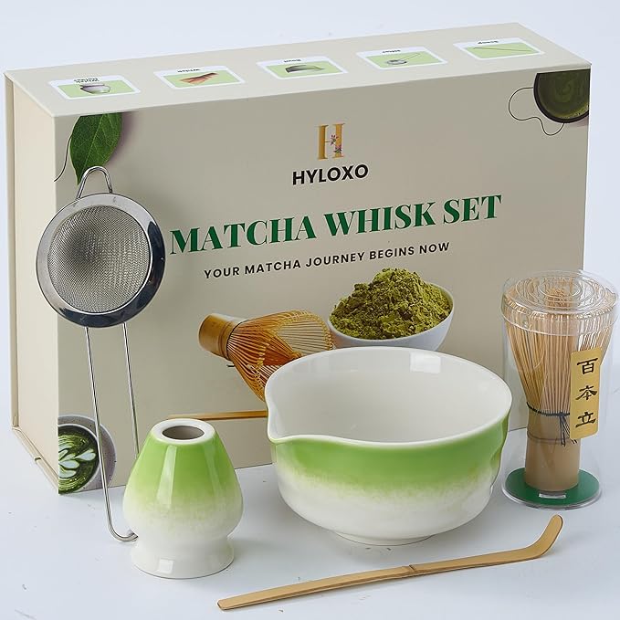 Matcha Whisk Set - 5 Pcs Matcha Kit with Bowl, Japanese Matcha Set, Matcha Bowl with Spout, Matcha Whisk, Chasen Holder, Sifter and Bamboo Scoop, Tea Gift Ceremony Sets for Matcha Lovers