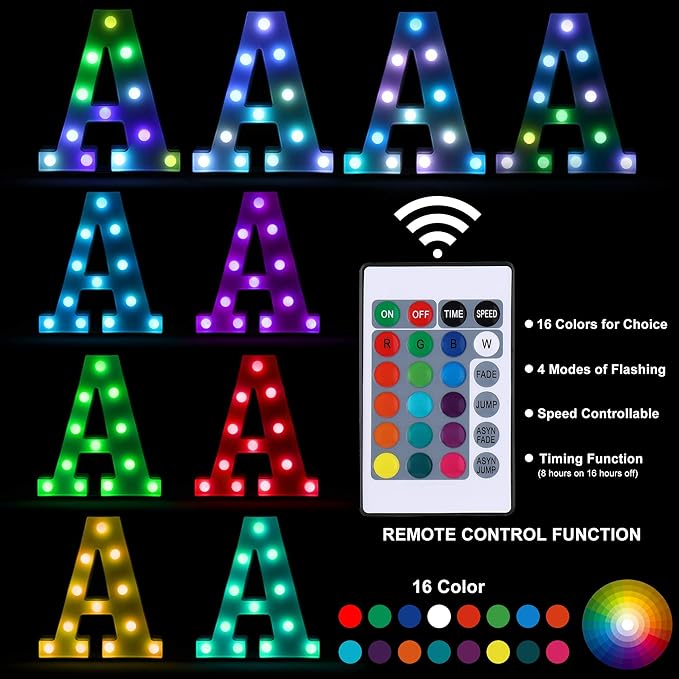 Foaky Colorful LED Letter Lights with Remote,Marquee Light Up Letters Sign for Night Light Wedding/Birthday Party Battery Powered Christmas Lamp Home Bar Decoration(B)