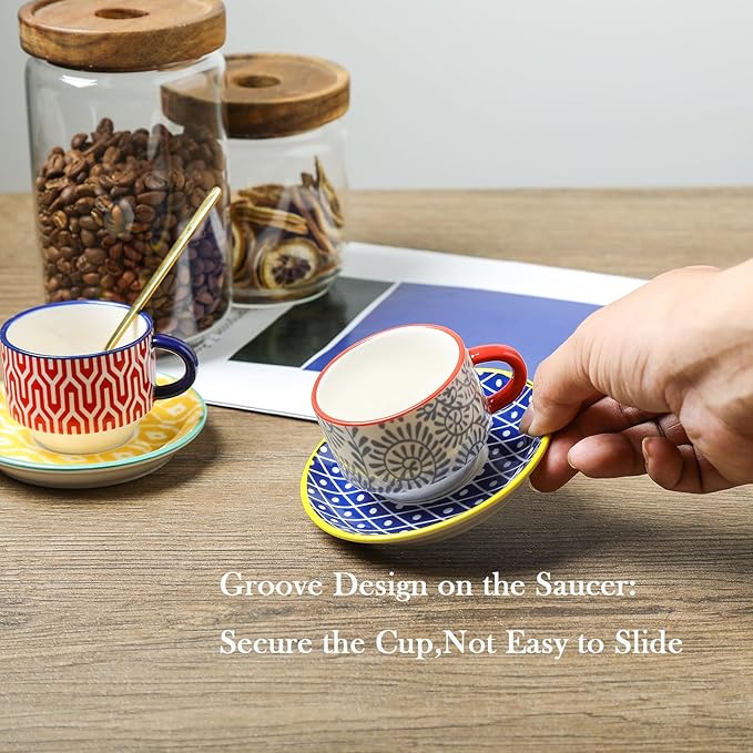 Selamica Ceramic Espresso Cups with Saucers and Metal Stand, 2.5 OZ Stackable Demitasse Cups for Espresso Latte Café Mocha Tea, Set of 4, Assorted Colors