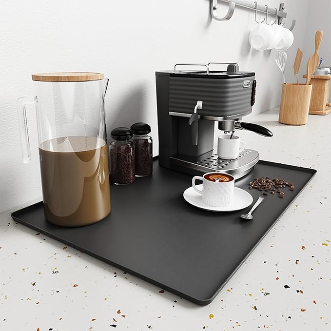 Silicone Coffee Mat, 24 x 16 Inch Non-Slip Heat Resistant, Large and Small Combination Bar Mat, Convex Edge Spill Resistant Design for Coffee Machines and Kitchen Countertops,Straight Stripe Black