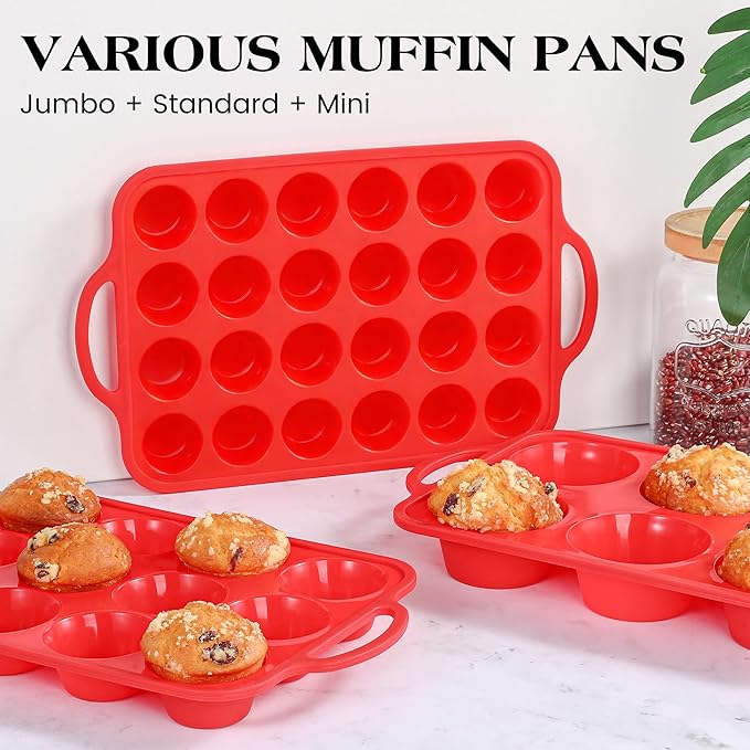Silicone Mini Muffin Pan With Stainless Steel Reinforced Frame 24 Cups Nonstick Cupcake Molds for Baking Silicone Muffin Tray with Handles(1 Pc, Red)
