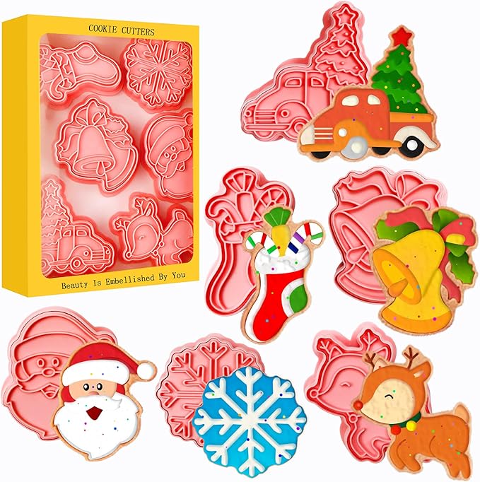 Leesgel Christmas Cookie Cutters, 3D Christmas Holiday Cookie Cutters Shapes with Santa/Xmas Tree/House/Deer, Christmas Party Decorations Ornaments