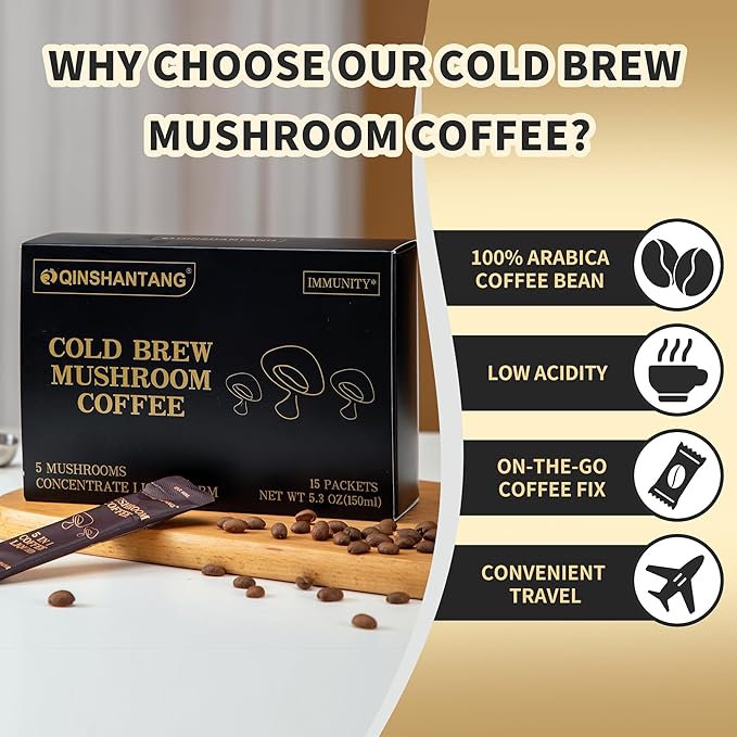 Cold Brew Mushroom Coffee, 15 Packets, Coffee Concentrate Liquid with 5 Adaptogenic Mushrooms, 100% Arabica Bean Extract for Immunity - Sugar Free, Keto, Vegan