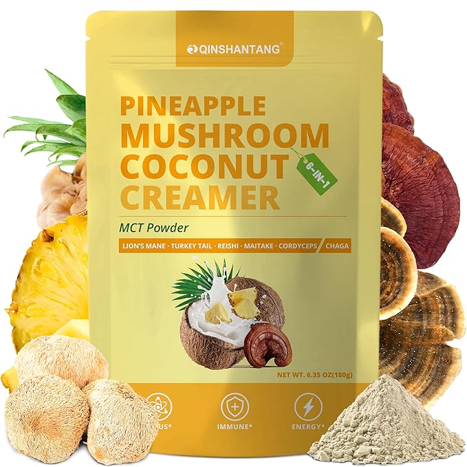 Mushroom Coffee Creamer, Pineapple Flavored, Probiotics, MCT Powder and 6 Mushrooms | Lion's Mane, Turkey Tail, Reishi, Maitake, Chaga, Cordyceps | Boosts Energy, Focus, Supports Immunity | Gluten-Free, Vegan, 6.35 Oz
