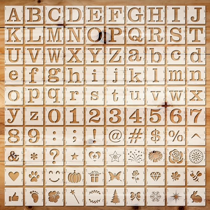 100 Pcs Stencils for Painting on Wood Reusable Stencil Crafts Drawing Templates Holiday Wall Paper for DIY Scrapbook Home 2 x 2 Inch(Alphabet Style)