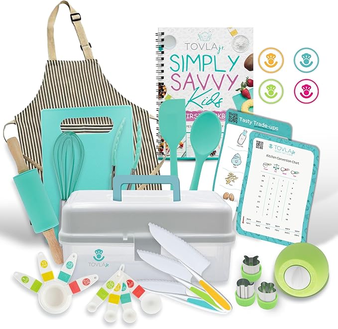 TOVLA JR Kids Real Cooking and Baking Ultimate Gift Set | Montessori Kid-Safe Knives, Apron, Visual Cookbook, Timer, Storage Case & Tools | Premium Christmas & Birthday Gift for Girls & Boys