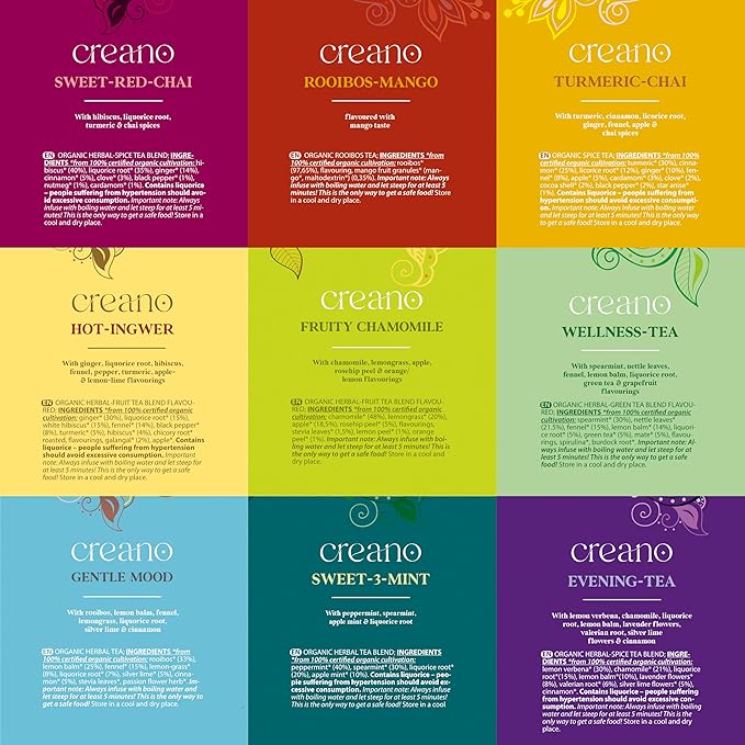 Creano Organic Herbal Tea Gift Set - 45 Organic Tea Bags in 9 Different Varieties - 90 g - Novelty 2023