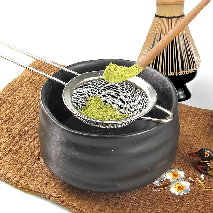 Artcome 10Pcs Japanese Matcha Tea Set, Matcha Bowl, Matcha Whisk, Whisk Holder, Traditional Scoop, Tea Spoon, Tea Cloth, Bamboo Holder, Scoop Holder, Matcha Powder Caddy, Matcha Powder Strainer(Black)