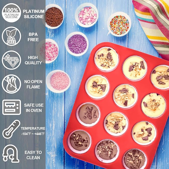 Anaeat Silicone Muffin Pan Set - Regular 12 Cups & Mini 24 Cups Cupcake Baking Molds with Flexible & Non-Sticky, Just Pop Out for Making Muffin Cakes, Cupcake, Chocolate,Tart and Desserts (2 Pack)