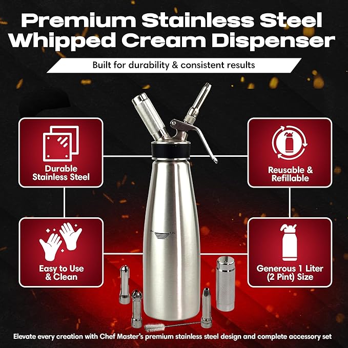 Chef Master (2 Pint / 1 Liter) Stainless Steel Whipped Cream Dispenser - Decorating Tips for Desserts, Latte + Cleaning Brush - Whip Cream Dispenser Canister for Home, Bakery or Restaurant - 90079