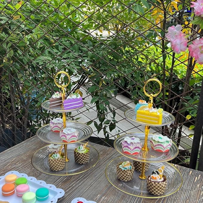 2 Pack of Dessert Cupcake Stand with Gold Trim, 3 Tier Cup Cake Holder Tower for Tea Party, Birthday, Wedding, Plastic Tiered Serving Tray, Clear