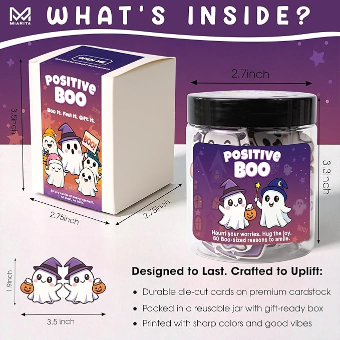 Positive Ghost Affirmation Jar – 60 Funny Emotional Support Ghosts, Boo Basket Stuffers for Women, Halloween Gifts for Women,Teens, Tween, Cute Halloween Basket Stuffers, Spooky Gifts