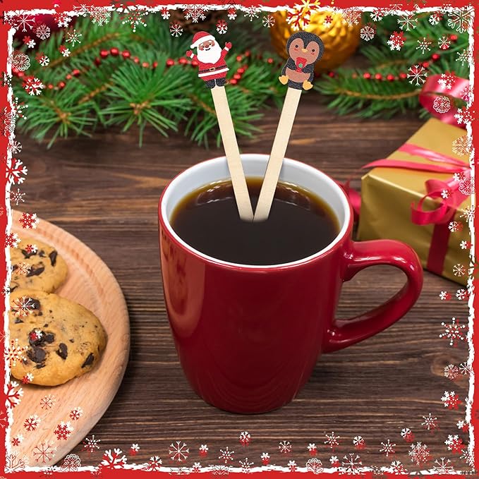 Mifoci 100 Pcs Christmas Wooded Coffee Stirrers African American Christmas Coffee Stir Sticks Disposable Stirring Sticks for Beverage Chocolate Hot Drink Party Supplies, 20 Styles (African American)
