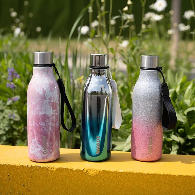BJPKPK Insulated Water Bottles, 18 oz Stainless Steel Metal Water Bottle with Strap, BPA Free Leak Proof Thermos,Mugs,Flasks, Reusable Water Bottle for Sports & Travel, Sparkling Silver Blue