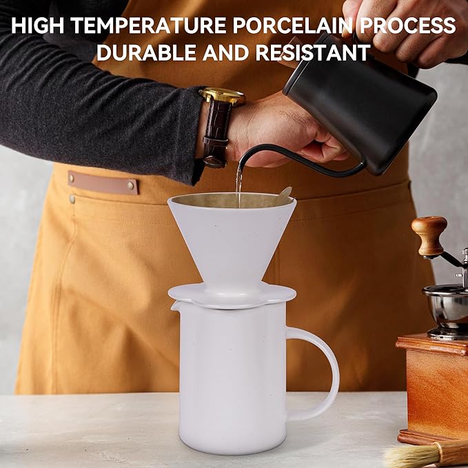 AZYM Pour Over Coffee Maker Set,V60 Coffee Dripper with 20 Count Paper Coffee Filters,Four-Leaf Clover-Shaped Drip Coffee Maker,Vintage Ceramic Carafe,for Home Brewing,Camping,17.5 oz (White)