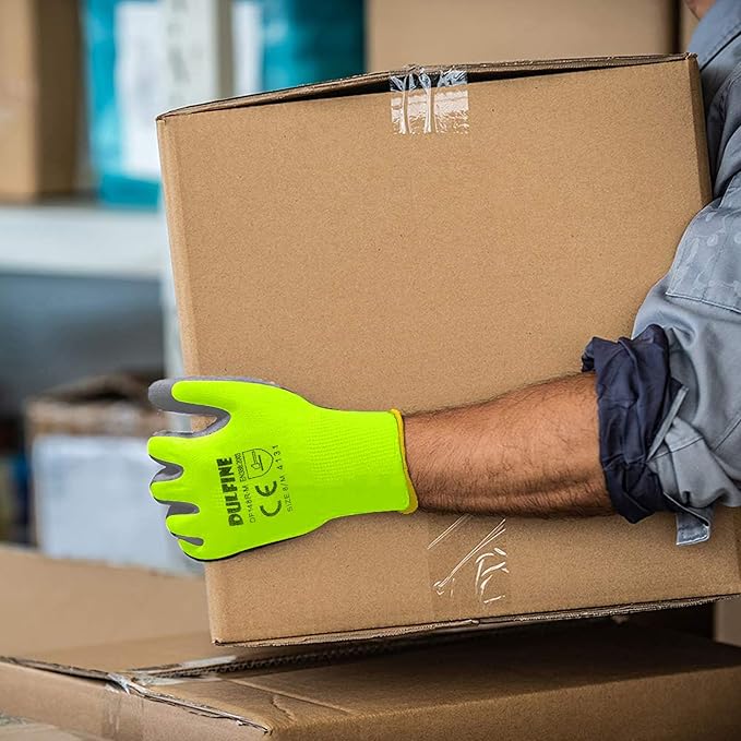 DULFINE Safety Work Gloves for Men PU Coated 12 Pairs Bulk Pack,Hi-Vis Yellow Seamless Knit Glove with thin Polyurethane Coated Smooth Grip on Palm & Fingers,Ideal for General Duty Work (XX-Large)