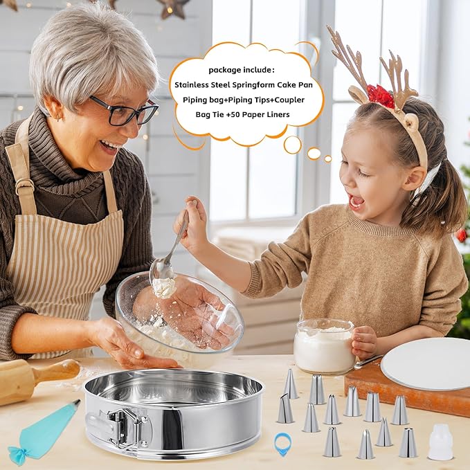 Aufind Springform Pan Set for Baking (9,10inches), 304 Stainless Steel Springform Cake Pan with Removable Bottom, Cheesecake Pan with 50PCS Parchment Paper for Pie Cake Pizza and Quiches