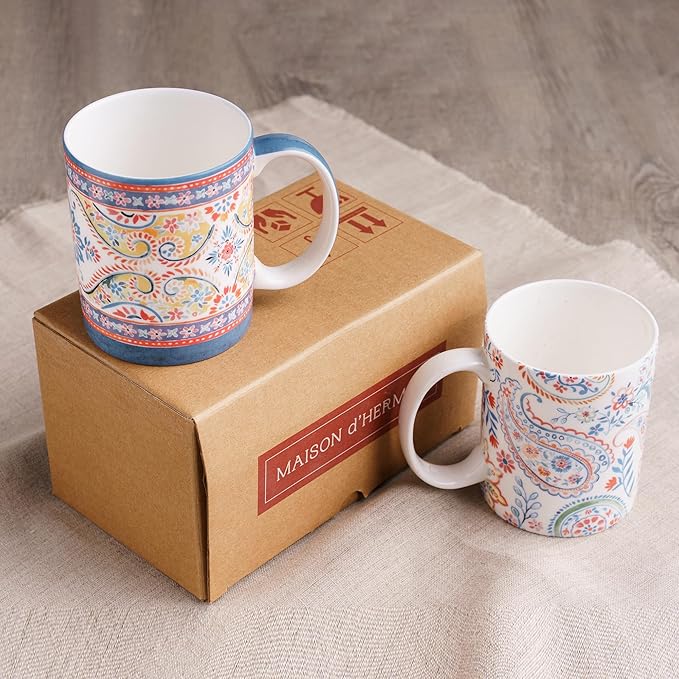 Maison d' Hermine Coffee Mug with Handles Fine Bone China Mugs Pack of Two Tea Cups for Hot Beverages Cappuccino Latte Home Restaurant Office Perfect for Gift (Indian Floral, 15 Ounce)