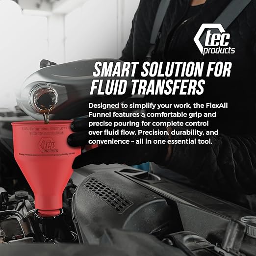 FlexAll Long Flexible Funnel for Automotive Use - Durable Nitrile Rubber - Ideal for Car Oil Change, Transmission Funnel Fluid, Diesel, Fuel, Gas - Made in USA - Red (16 x 5 Inches)