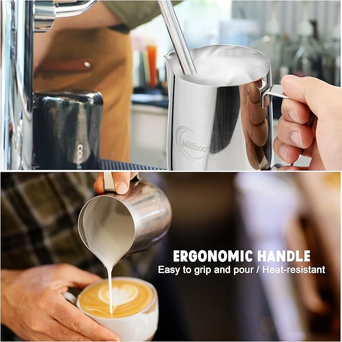 MiShoo® Milk Frothing Pitcher, 20oz Steaming Pitcher 304 Stainless Steel Espresso Machine Accessories for Coffee Bar, Cappuccino Barista Tools Milk Jug Steamer Frother Cup with Latte Art Pen