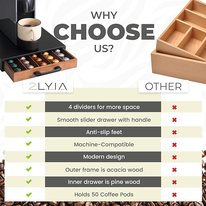 Coffee Pod Holder Compatible with Nespresso OriginalLine Capsules – 50-Pod Acacia Wood Drawer Organizer with Anti-Slip Base – Space-Saving Coffee Capsule Storage for Espresso Stations & Countertops
