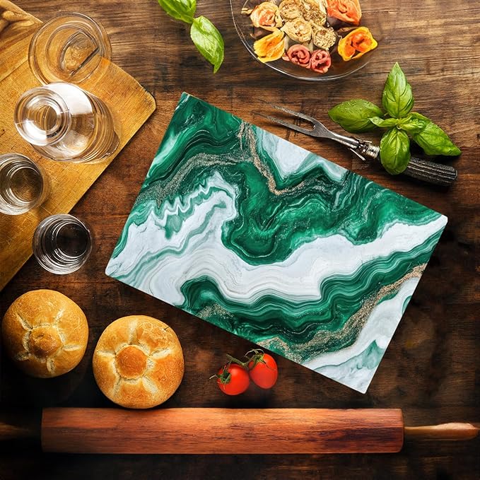 White Green Moss Agate Marble Kitchen Glass Cutting Board Ocean Decorative Gift Marbled Granite Stone Rock Gift For Her Mom Wife (White Green)
