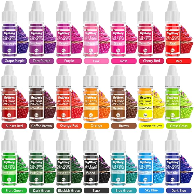 Gel Food Coloring Set - 21 Colors Tasteless Based Color Dye, Vibrant Edible Icing for Cake Cookie Decorating, Baking, Fondant, Frosting, Easter Eggs, with Gloves (6g/Bottle) Vegan